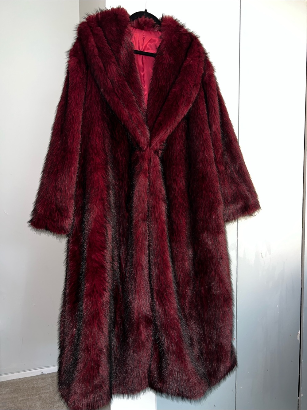 SHEIN Plush Faux Fur Long Coat in Deep Wine